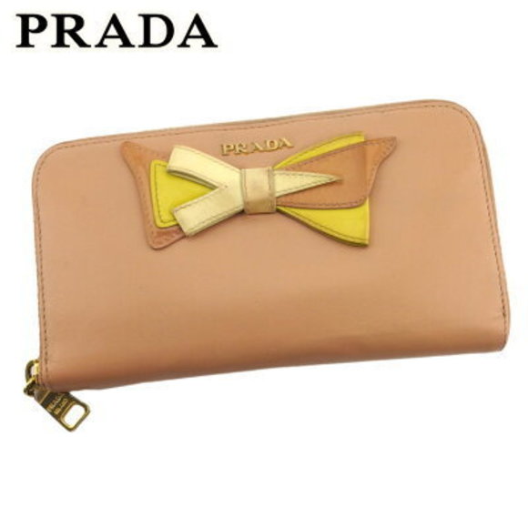 Prada long Wallet ribbon motif pink yellow beige leather - Picture 1 of 6